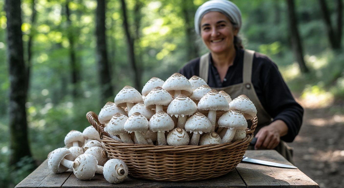 A basket of fresh, white shaggy ink cap mushrooms (Coprinus comatus) resting on a wooden table in a sunlit Turkish forest, with a smiling forager in traditional rural attire holding a knife nearby.
