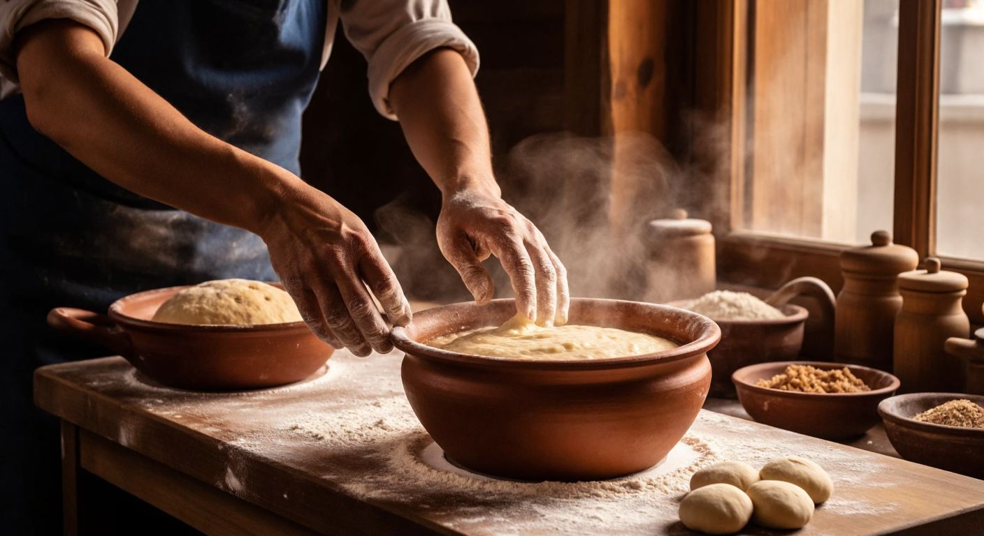 A warm Turkish kitchen with a wooden table covered in flour, where hands knead golden sourdough bread dough beside a rustic clay pot of bubbling natural yeast, evoking tradition and wholesome nourishment.