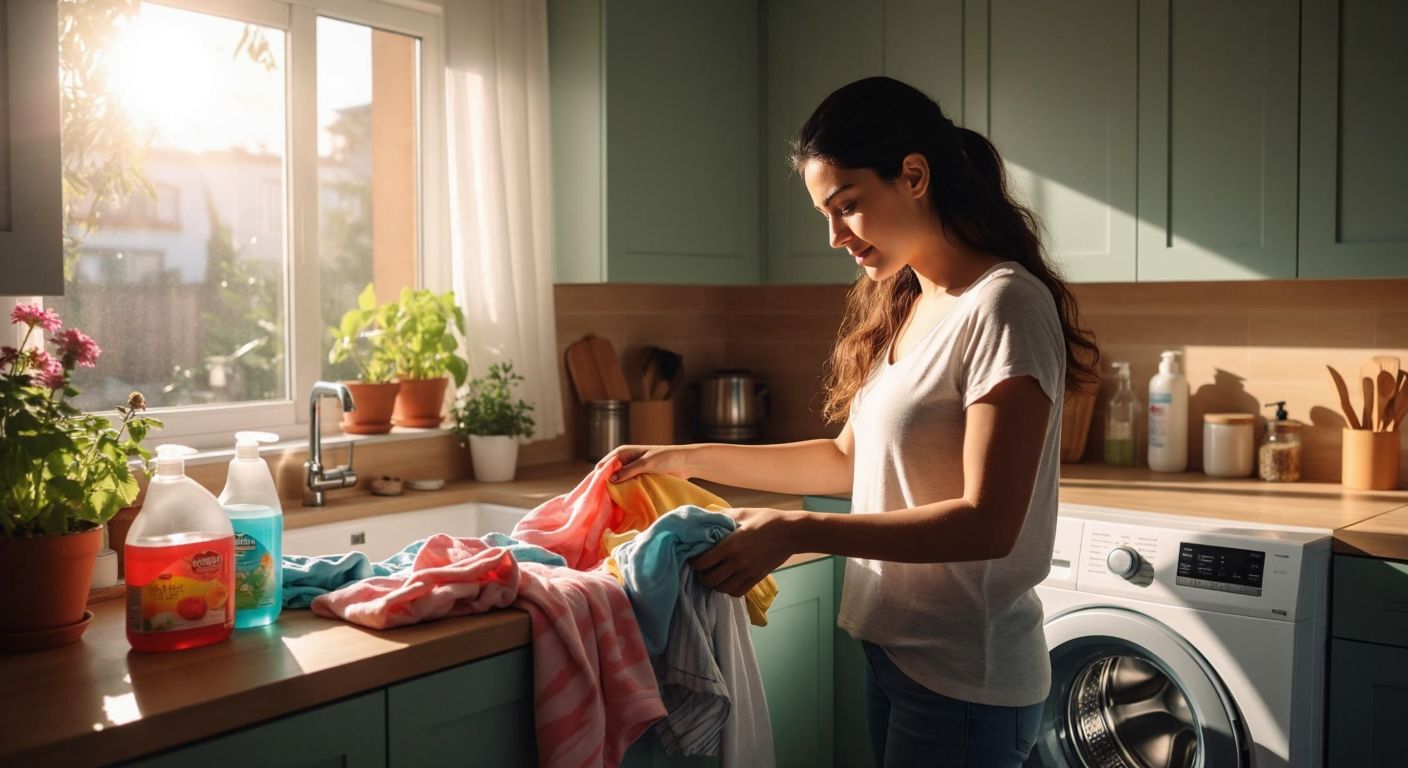 A Turkish woman in a bright, sunlit kitchen carefully loads colorful laundry into a modern washing machine, with detergent bottles and fabric softener neatly arranged on the counter beside her.