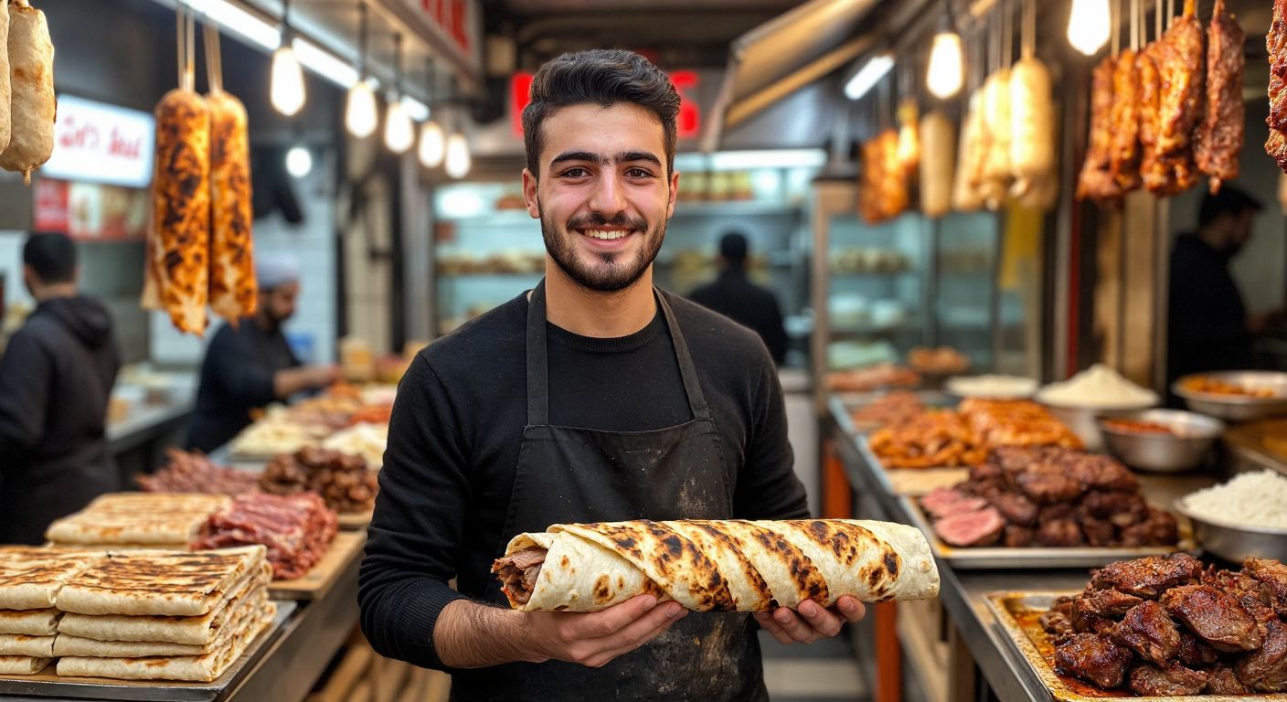 A young Turkish entrepreneur with a proud smile stands in a bustling street-side döner shop, holding a freshly sliced zurna döner wrapped in warm lavaş bread, surrounded by the aroma of grilled meat and spices.