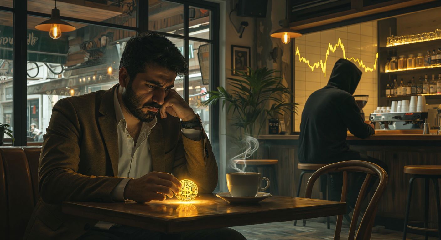 A Turkish man in a modern café frowns thoughtfully at a glowing golden coin in his palm, while a shadowy figure lurks behind him and a fluctuating stock market graph reflects in his coffee.