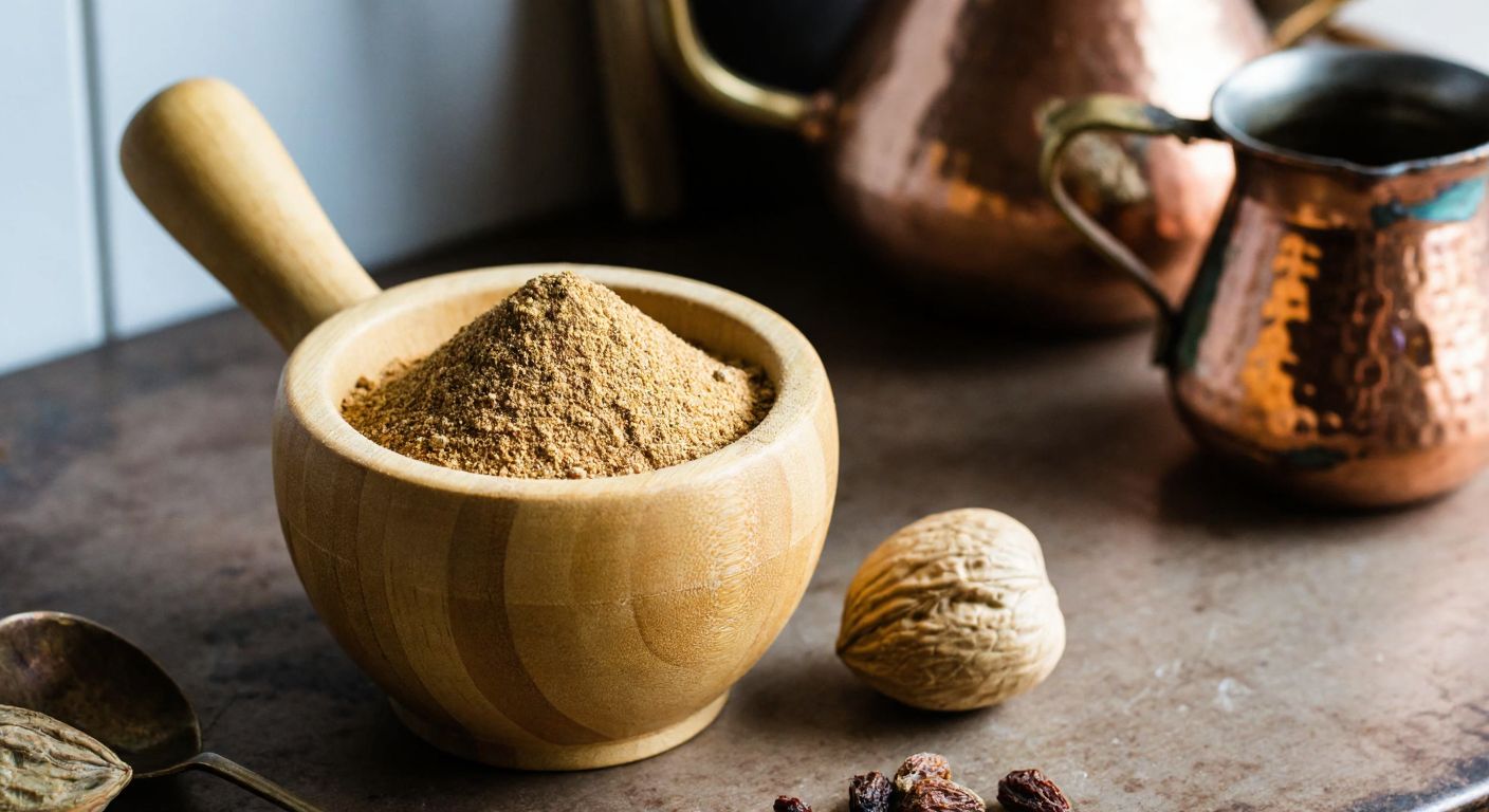 A warm wooden mortar and pestle filled with fragrant, freshly ground nutmeg powder, resting on a rustic kitchen counter beside a whole nutmeg seed and a traditional Turkish coffee pot.