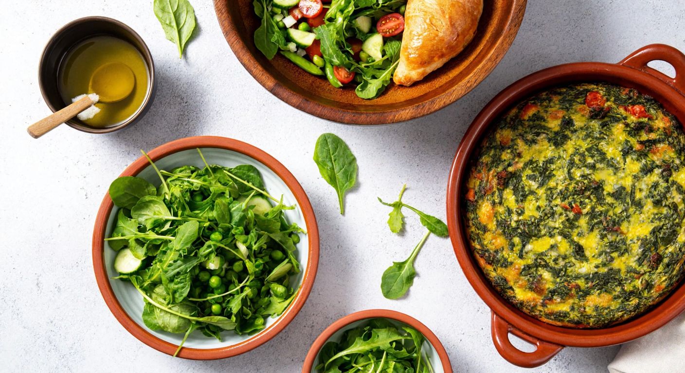 A vibrant Turkish kitchen countertop scattered with fresh small green vegetables like spinach, arugula, and peas, alongside a wooden bowl of salad drizzled with olive oil, a steaming bowl of green soup, and a golden spinach-filled pastry on a ceramic plate.