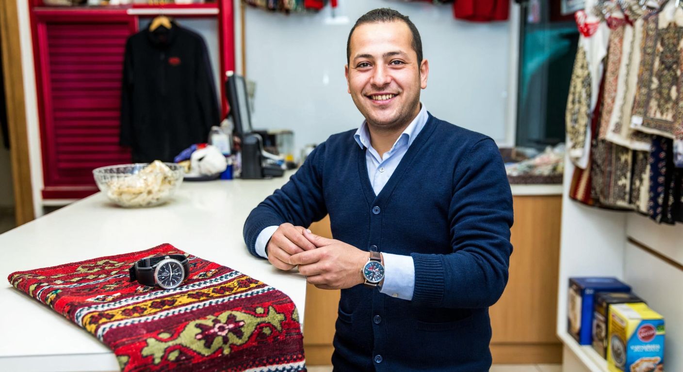 A smiling shopkeeper in Van, Turkey, proudly presenting a sleek wristwatch with a traditional Turkish rug draped over the counter.