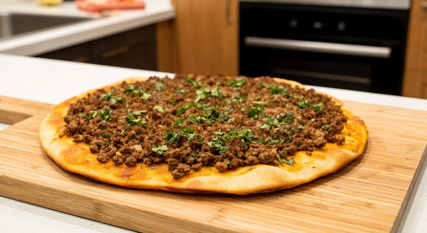 A golden-brown lahmacun fresh out of a home oven, topped with minced meat and herbs, resting on a wooden cutting board with a warm kitchen in the background.
