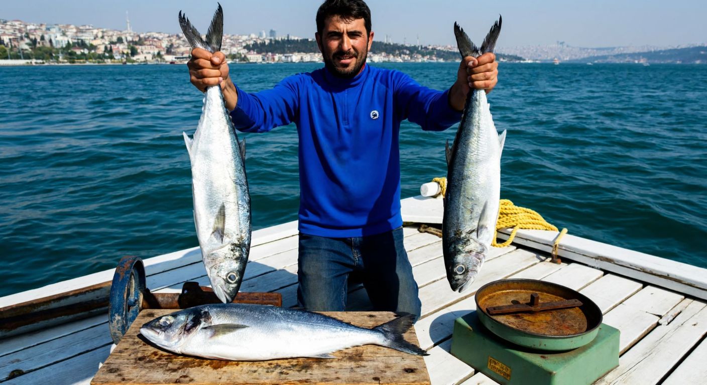 A Turkish fisherman proudly holds up two large, glistening lüfer fish on a wooden dock by the Bosphorus, with a third fish lying on a weathered scale beside him.