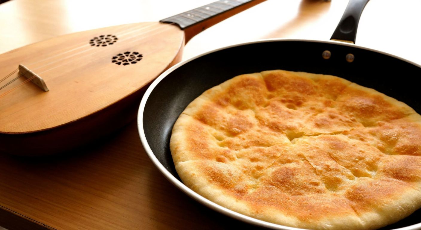 A golden, crispy flatbread (dönderme) sizzling in a pan next to a traditional Turkish saz instrument resting on a wooden table, evoking both culinary and folkloric meanings.