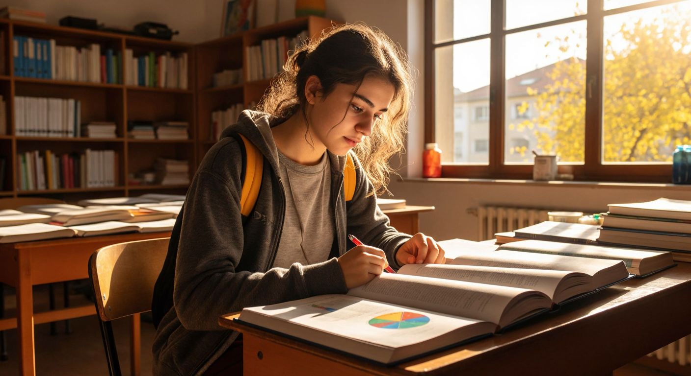 A Turkish high school student sits at a wooden desk in a sunlit classroom, surrounded by open textbooks labeled with subjects like mathematics, chemistry, physics, and biology, their face lit with curiosity as they point to a colorful graph in one book.
