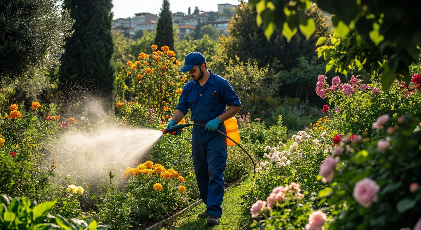 A professional in a blue uniform sprays plants in a lush Istanbul garden, surrounded by blooming flowers and healthy greenery, under a bright sun.