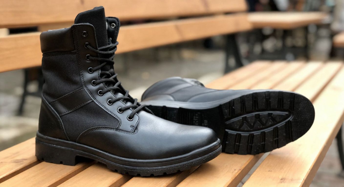 A sturdy pair of black military boots with a soft, sponge-like insole neatly inserted inside, resting on a wooden bench in a Turkish marketplace.