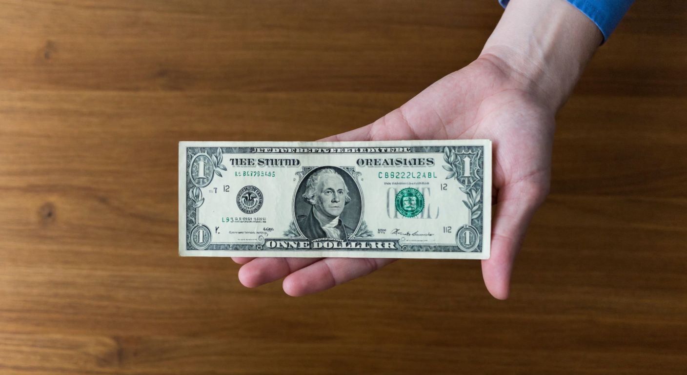 A hand holding two crisp dollar bills—one visibly shorter than the other—against a plain wooden table, with a faint frown of confusion on the person's face.