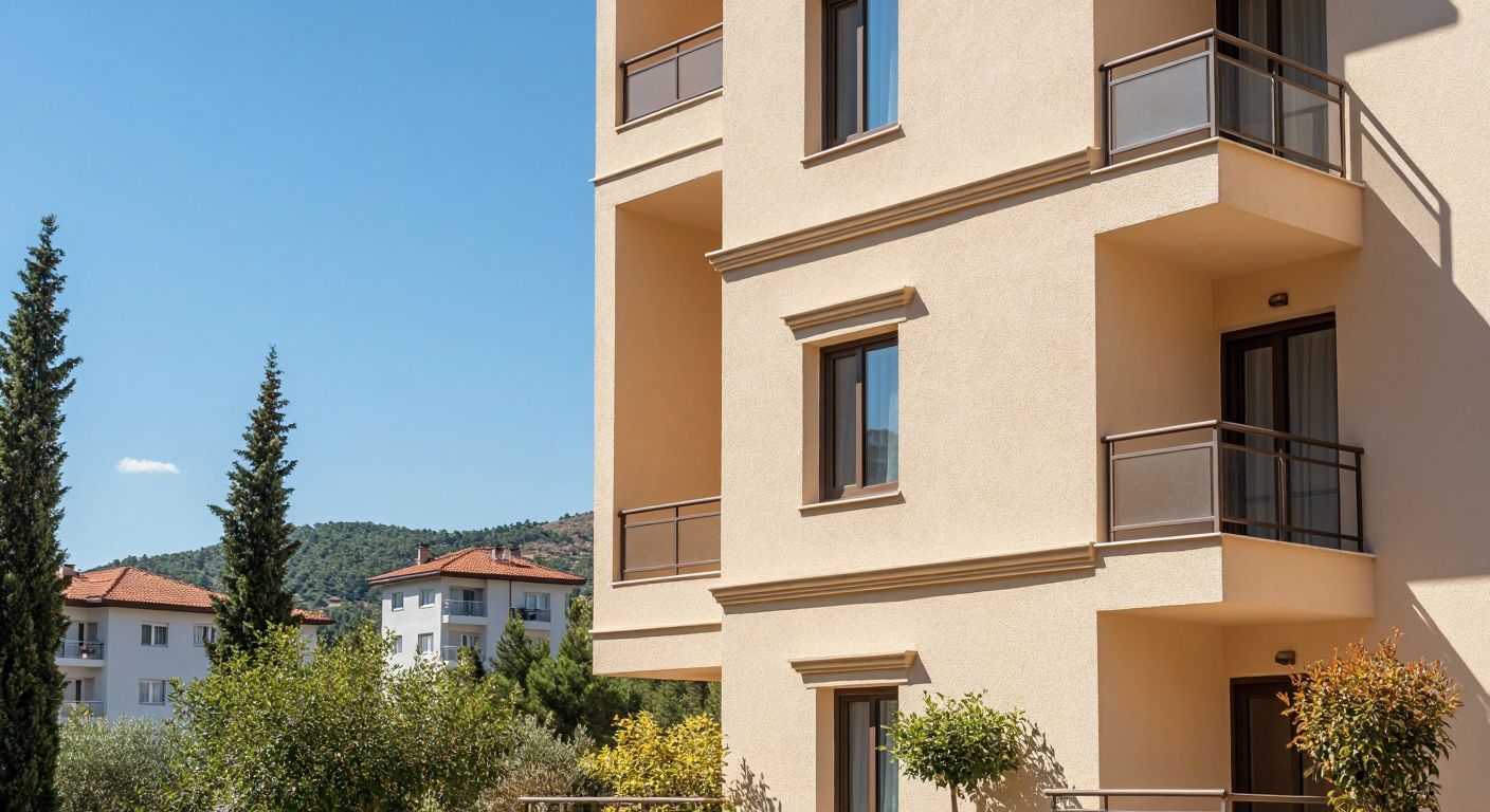 A sturdy, freshly plastered beige exterior wall of a Turkish apartment building under bright sunlight, with smooth texture and no cracks, reflecting durability and aesthetic appeal.