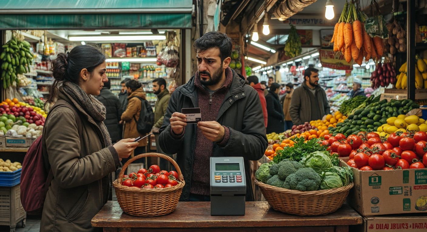 A frustrated Turkish customer in a bustling market stands at a payment terminal, holding a declined credit card while a vendor looks on sympathetically, with a basket of fresh produce on the counter between them.