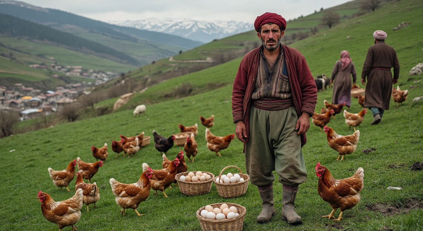 A Turkish farmer in traditional rural clothing looks worried while herding chickens up a lush green highland pasture, with scattered empty egg baskets and a distant bustling market implying high demand.