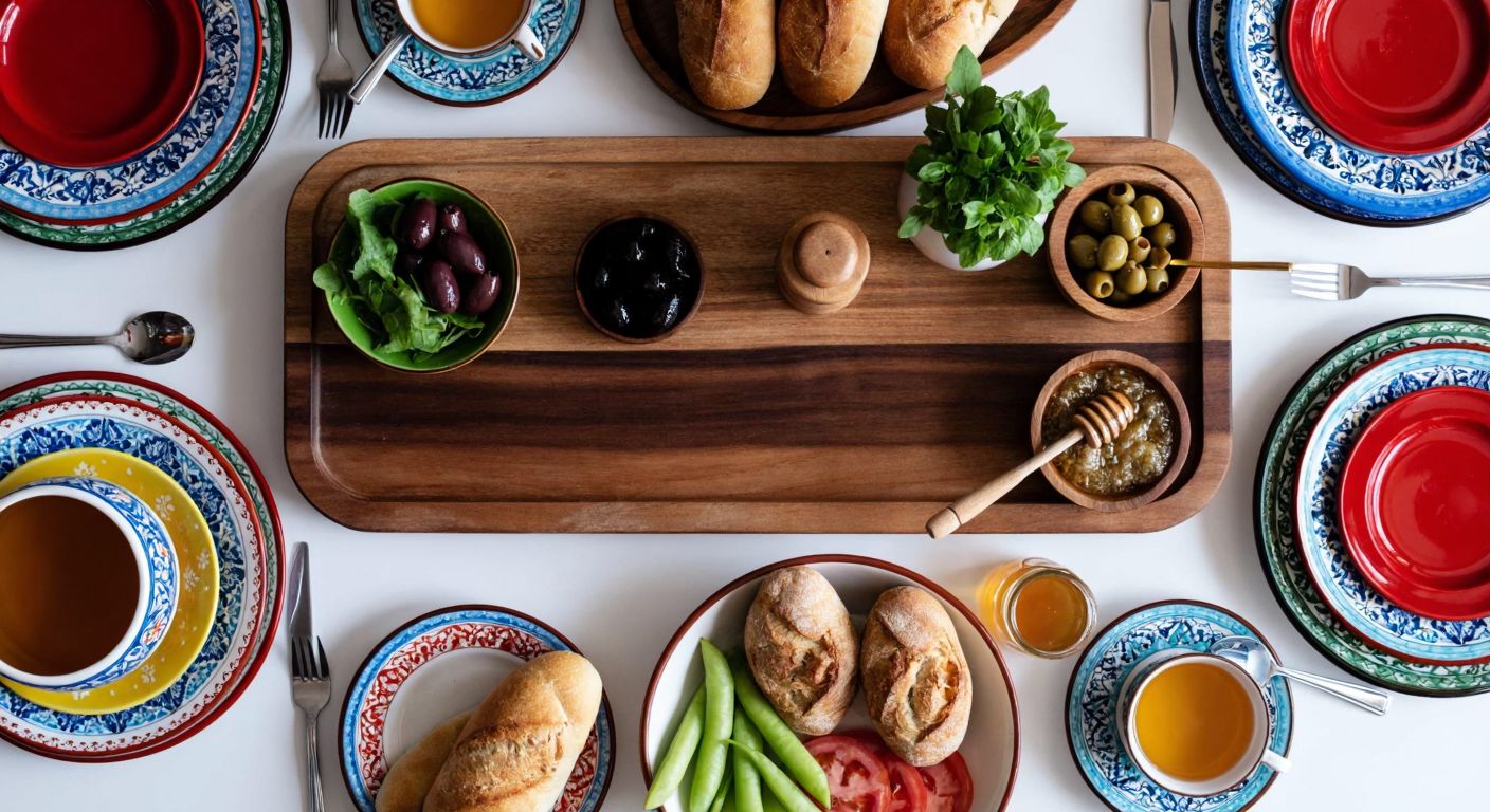 A beautifully arranged Turkish breakfast table with colorful ceramic plates, delicate teacups, polished cutlery, and a wooden serving tray, surrounded by fresh bread, olives, and honey, evoking warmth and hospitality.