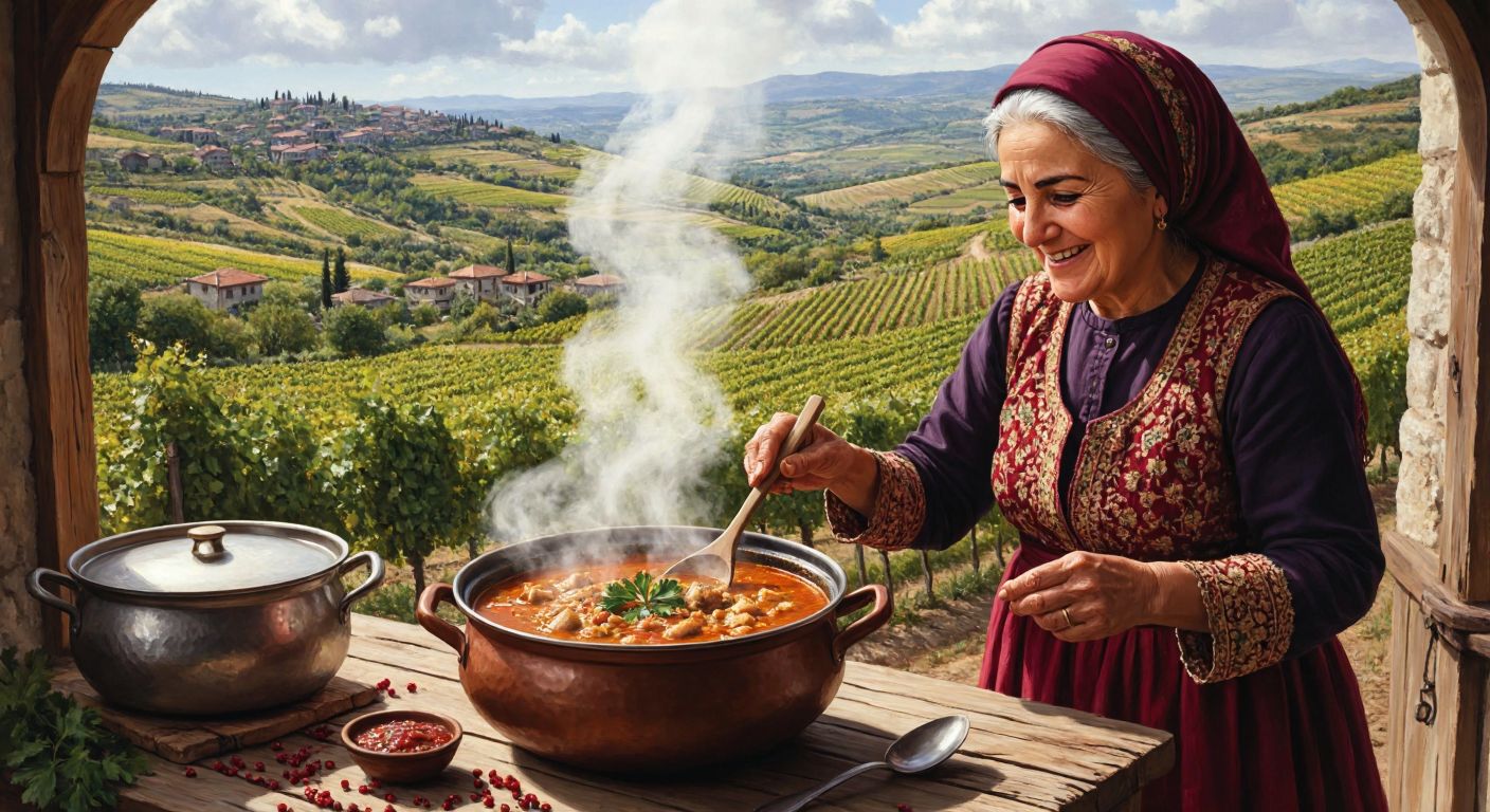 A steaming bowl of **çene çarpan çorbası** on a rustic wooden table, with a backdrop of Tekirdağ's rolling vineyards and a smiling elderly woman in traditional Turkish attire stirring a large pot nearby.