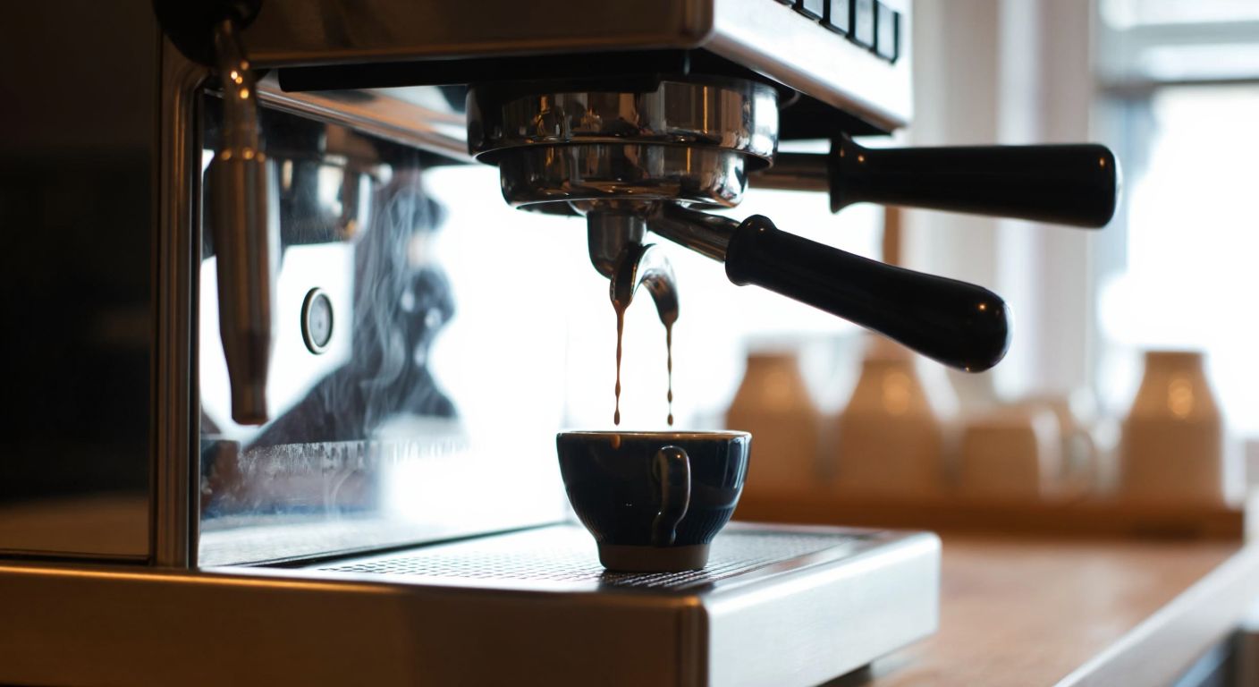 A gleaming stainless steel espresso machine with steam rising from its nozzle, freshly brewed dark espresso dripping into a small ceramic cup on a wooden countertop in a cozy Turkish café.