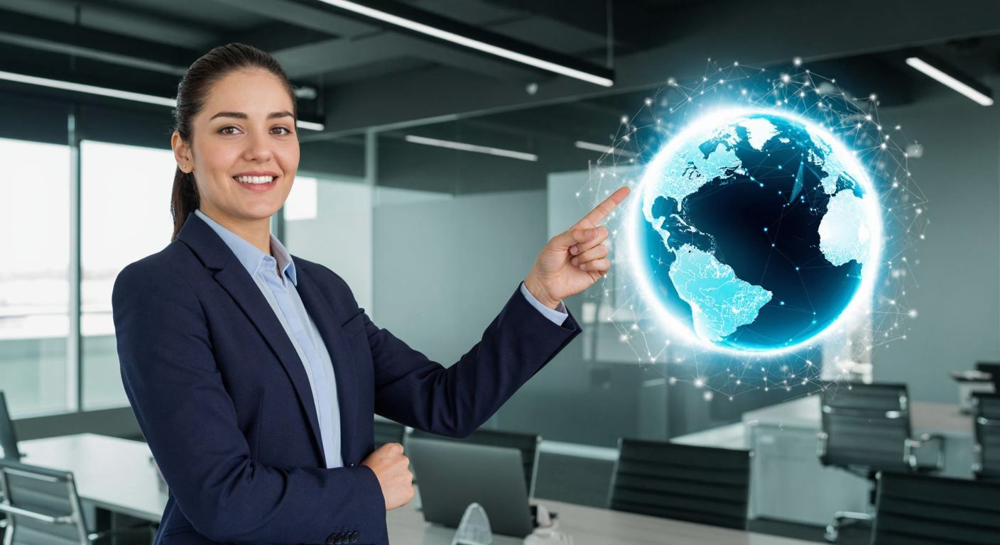 A confident Turkish businessperson in a modern office, pointing at a glowing globe with digital connections radiating outward, symbolizing remote service exports.