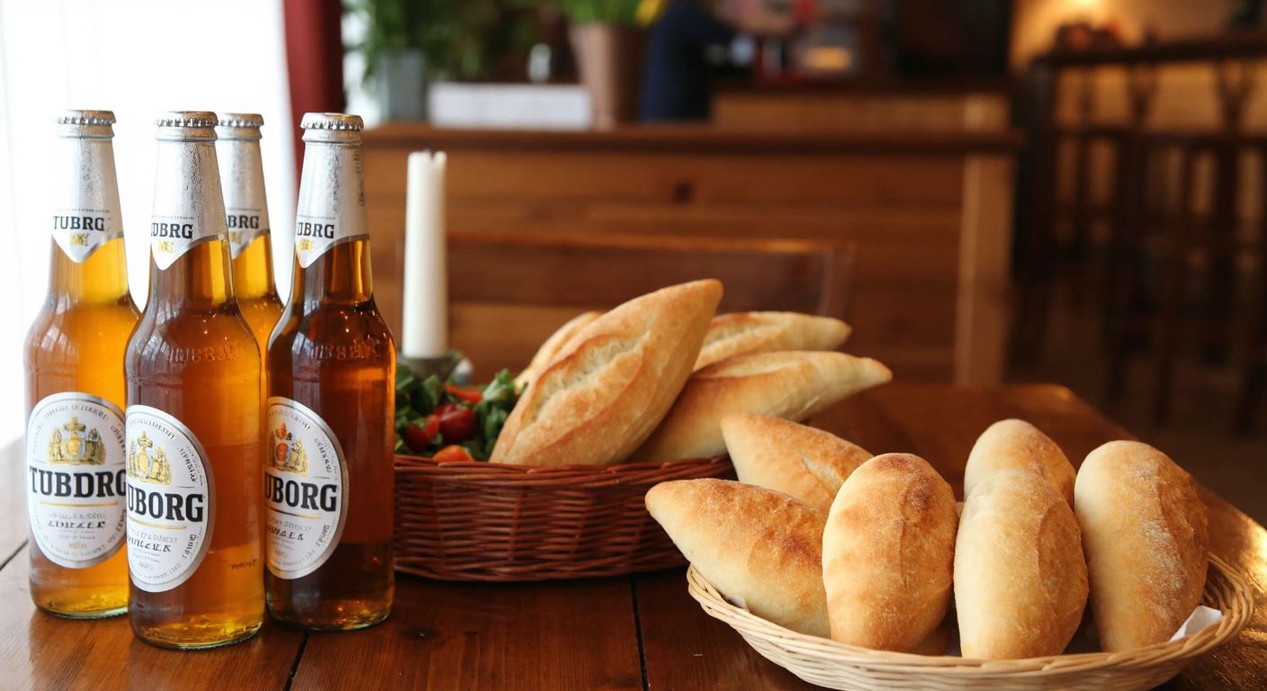 A rustic wooden table in a cozy Turkish tavern holds four frosty bottles of Tuborg beer next to a basket of freshly sliced bread, with twelve golden-brown slices neatly arranged.