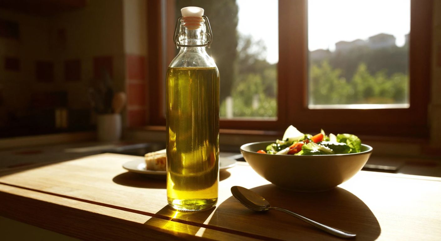 A sunlit Turkish kitchen with a glass bottle of golden olive oil on a wooden table, a spoon dipped in it, and a bowl of fresh salad nearby, evoking health and natural remedies.