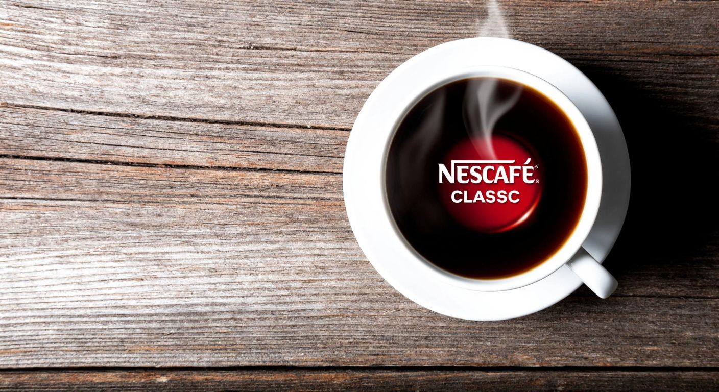 A steaming cup of Nescafé Classic coffee on a rustic wooden table with the Nestlé logo subtly reflected in the dark liquid.