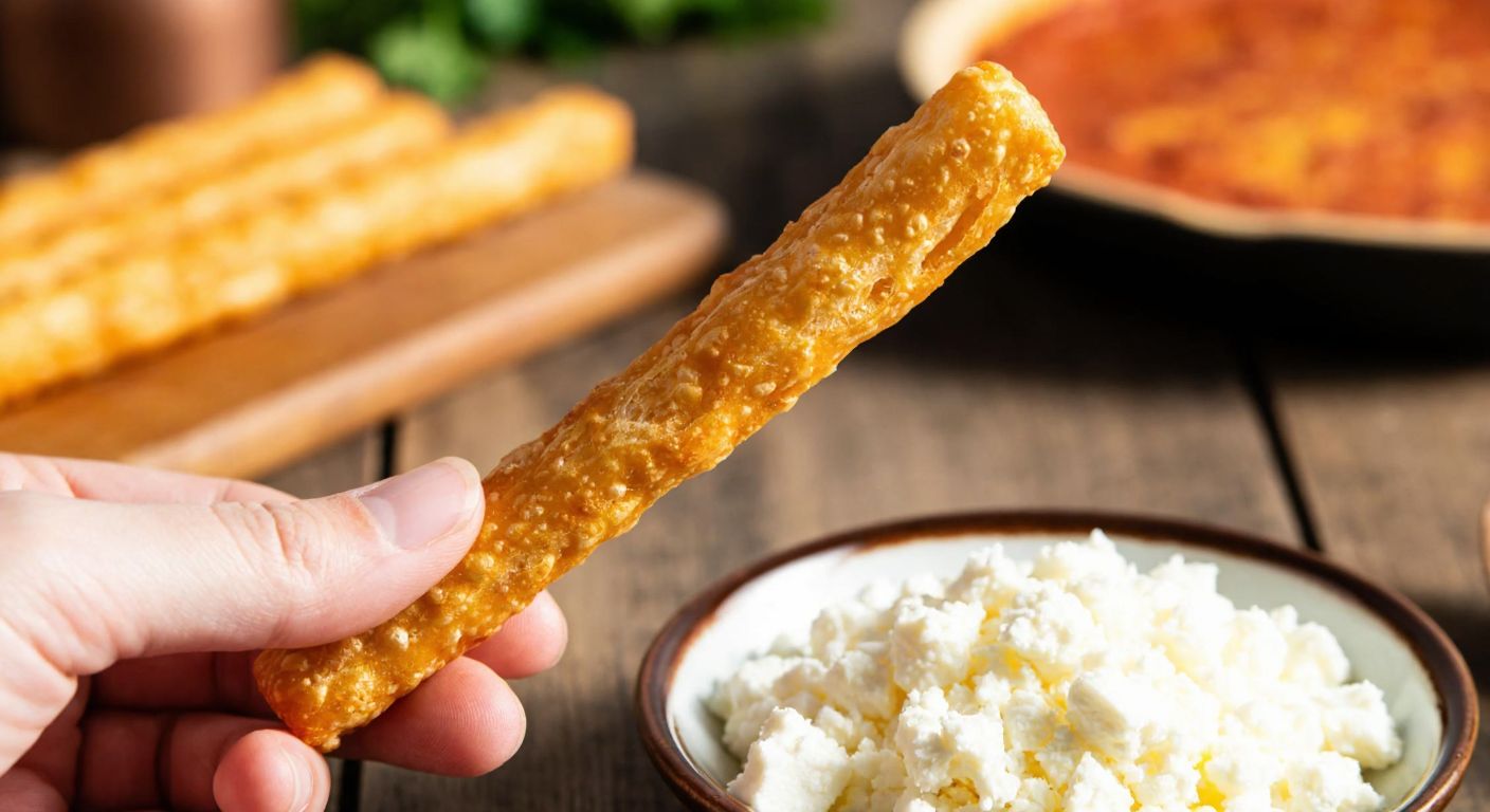 A close-up of a hand holding a golden-brown, cheese-flavored Eti Crax cracker stick against a rustic wooden table, with a small bowl of crumbled white cheese nearby and a warm, sunlit Turkish kitchen in the background.