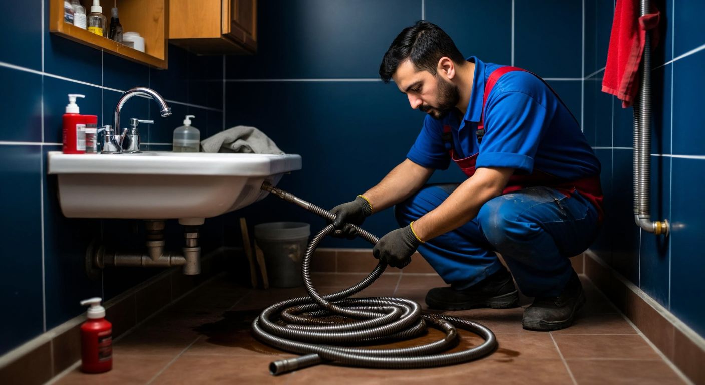 A Turkish plumber in a blue work uniform crouches by a clogged sink, twisting the handle of an 8-meter drain snake while its coiled metal wire extends into the pipe.