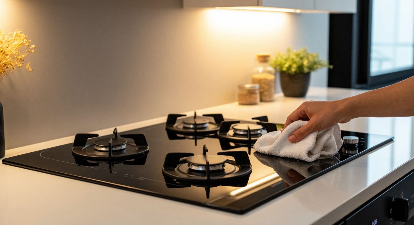 A sleek black glass stovetop with four burners sits on a modern Turkish kitchen counter, reflecting warm light while a hand wipes its smooth surface with a cloth, conveying cleanliness and elegance.