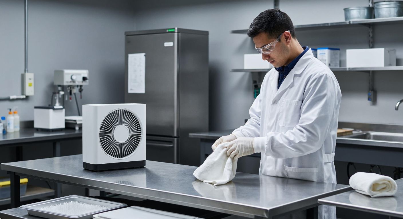 A technician in a clean white lab coat carefully wipes down a sleek, modern ionizer with a soft cloth in a dust-free industrial workspace, while a small fan and filter sit nearby on a stainless steel table.
