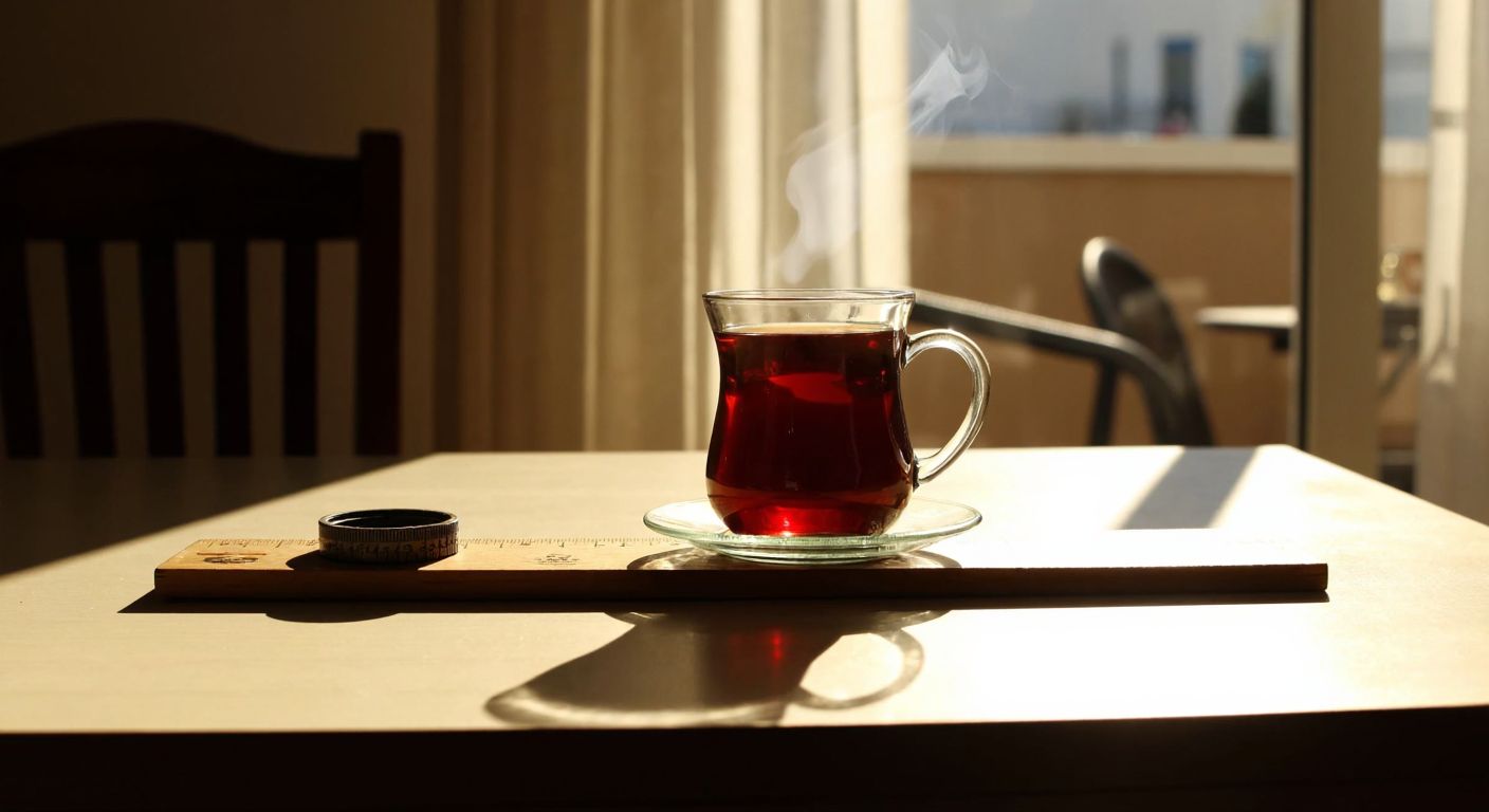 A wooden ruler with centimeters on one side and inches on the other lies on a sunlit table in a Turkish home, next to a steaming cup of çay.