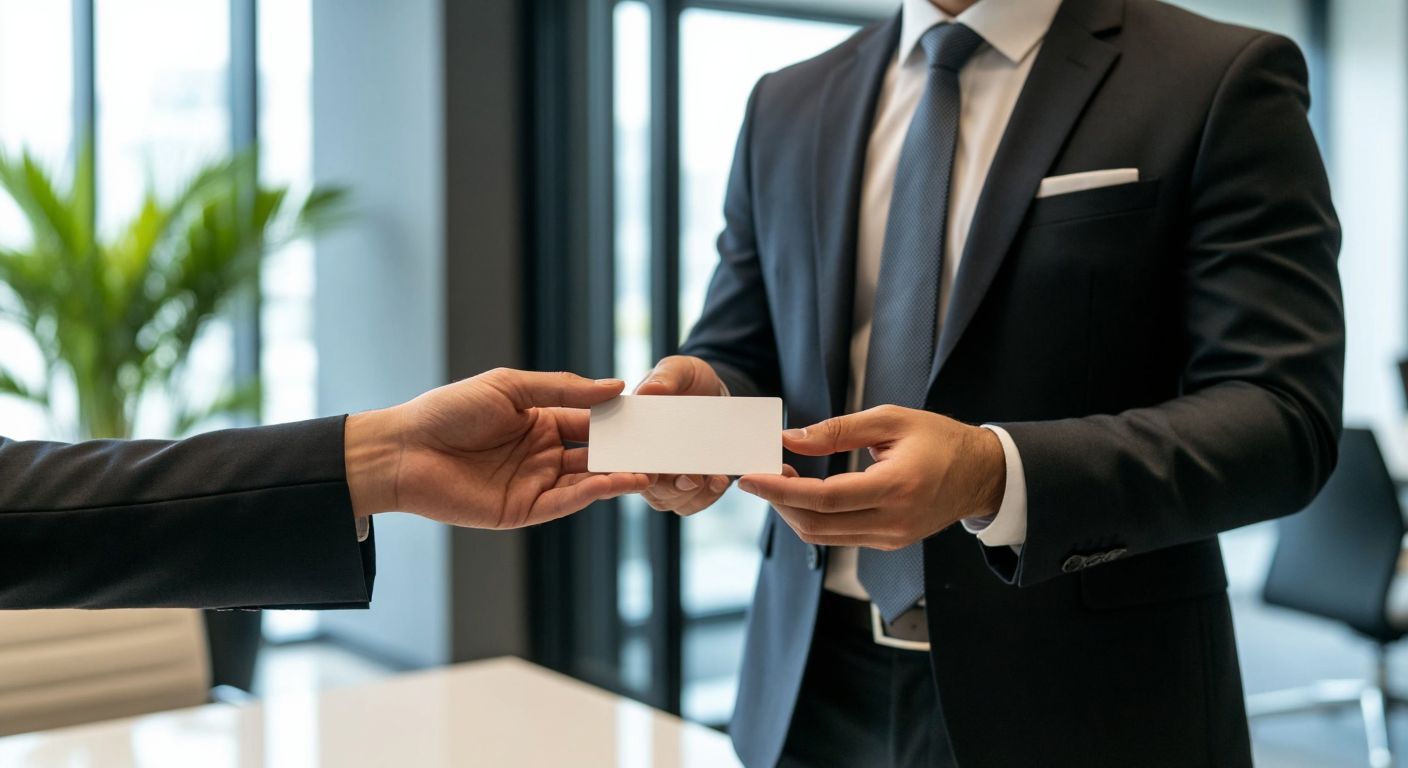 A well-dressed Turkish businessperson in a sleek suit confidently hands a thick, high-quality business card with a polished finish to a colleague in a modern office setting, both exuding professionalism and trust.