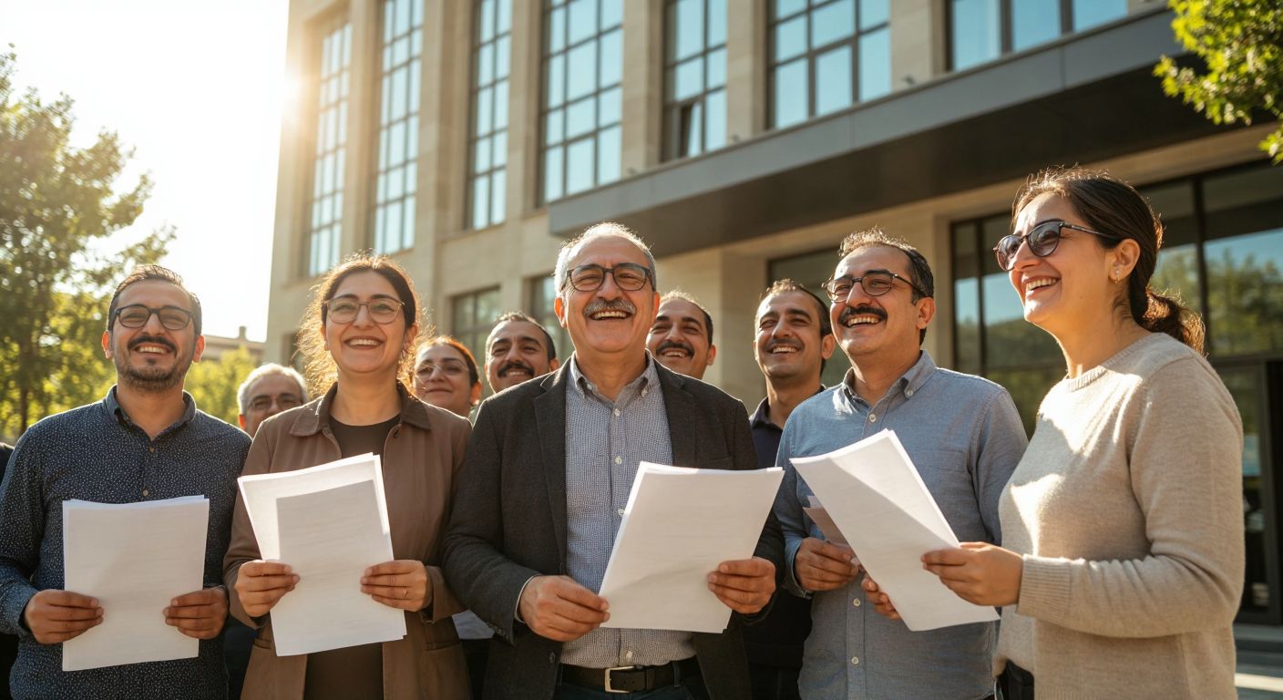 A group of middle-aged Turkish workers in casual attire smiling with relief and joy, standing in front of a government office building, holding retirement documents while sunlight casts a hopeful glow over the scene.