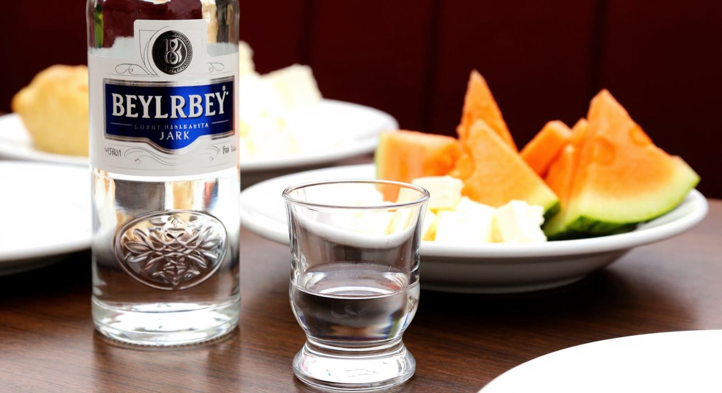 A clear glass bottle of Beylerbeyi rakı resting on a wooden table beside a small tulip-shaped glass, with a bowl of fresh white cheese and sliced melon in the background, evoking a traditional Turkish meze setting.