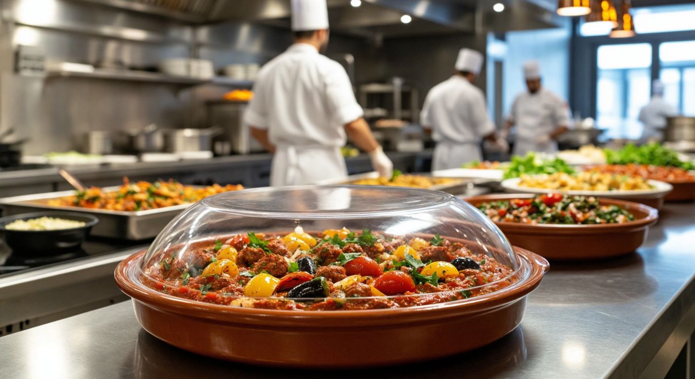 A clear, durable plastic plate cover rests atop a steaming ceramic dish filled with vibrant Turkish meze, surrounded by a bustling restaurant kitchen with chefs in white uniforms.