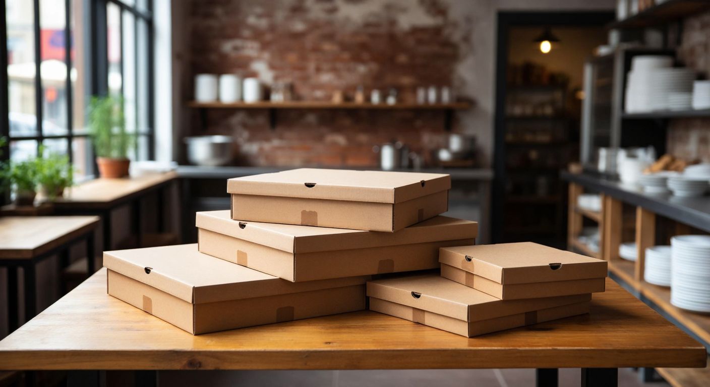 A stack of plain cardboard pizza boxes in varying sizes, with the smallest one visibly measuring around 22 cm, placed on a wooden table in a bustling Turkish pizzeria kitchen.