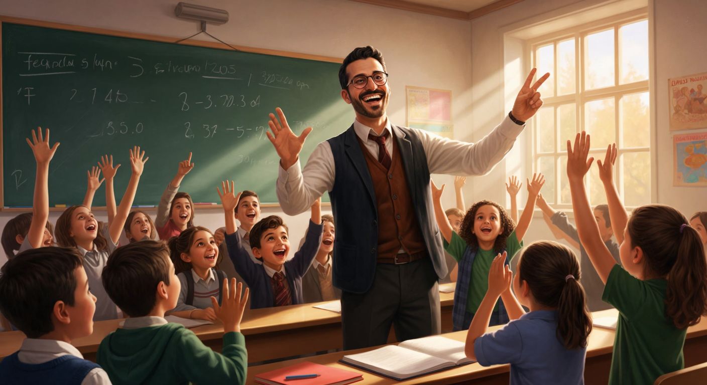 A cheerful Turkish teacher in a bright classroom points to a chalkboard covered in simple division problems while a group of eager fourth-grade students raise their hands excitedly.