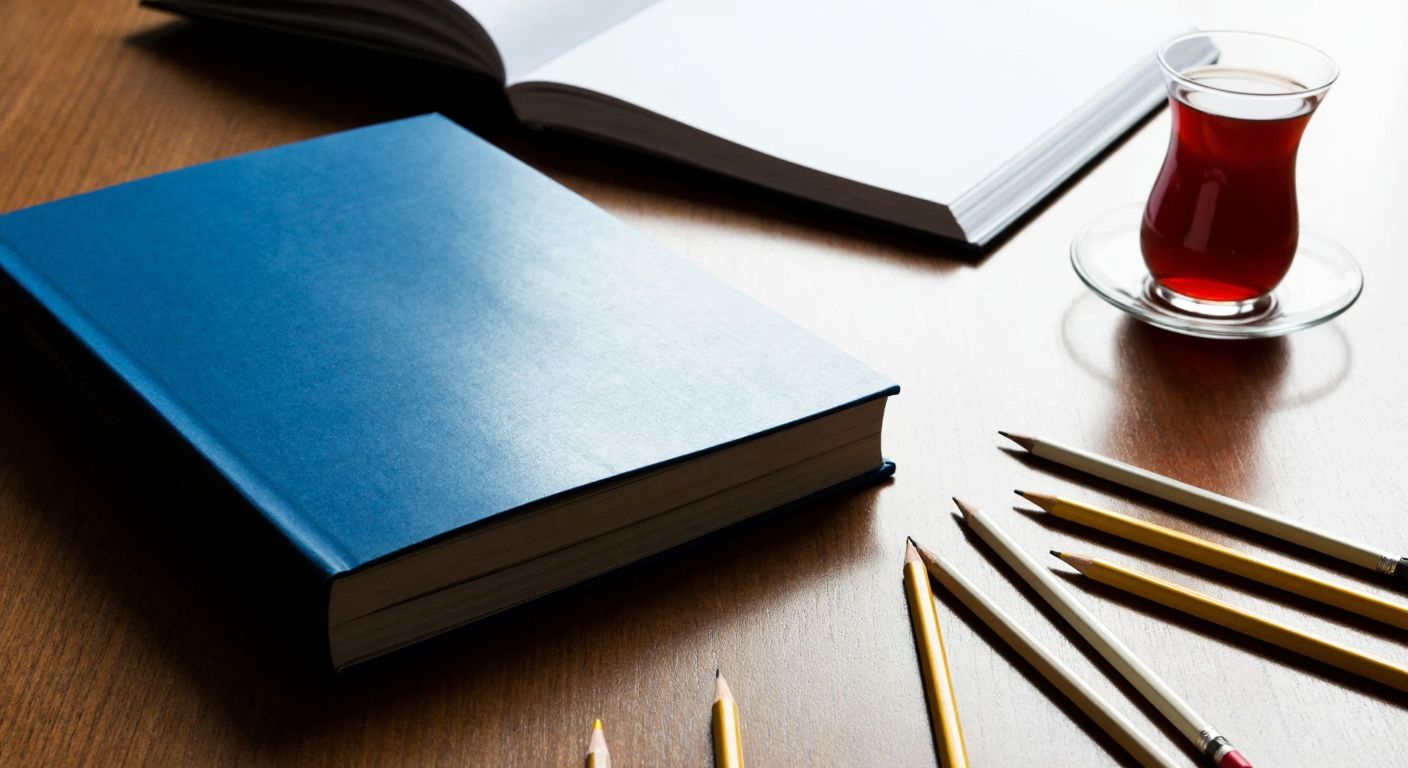 A thick, well-worn textbook with a blue cover lies open on a wooden desk, surrounded by scattered pencils and a steaming cup of Turkish tea.