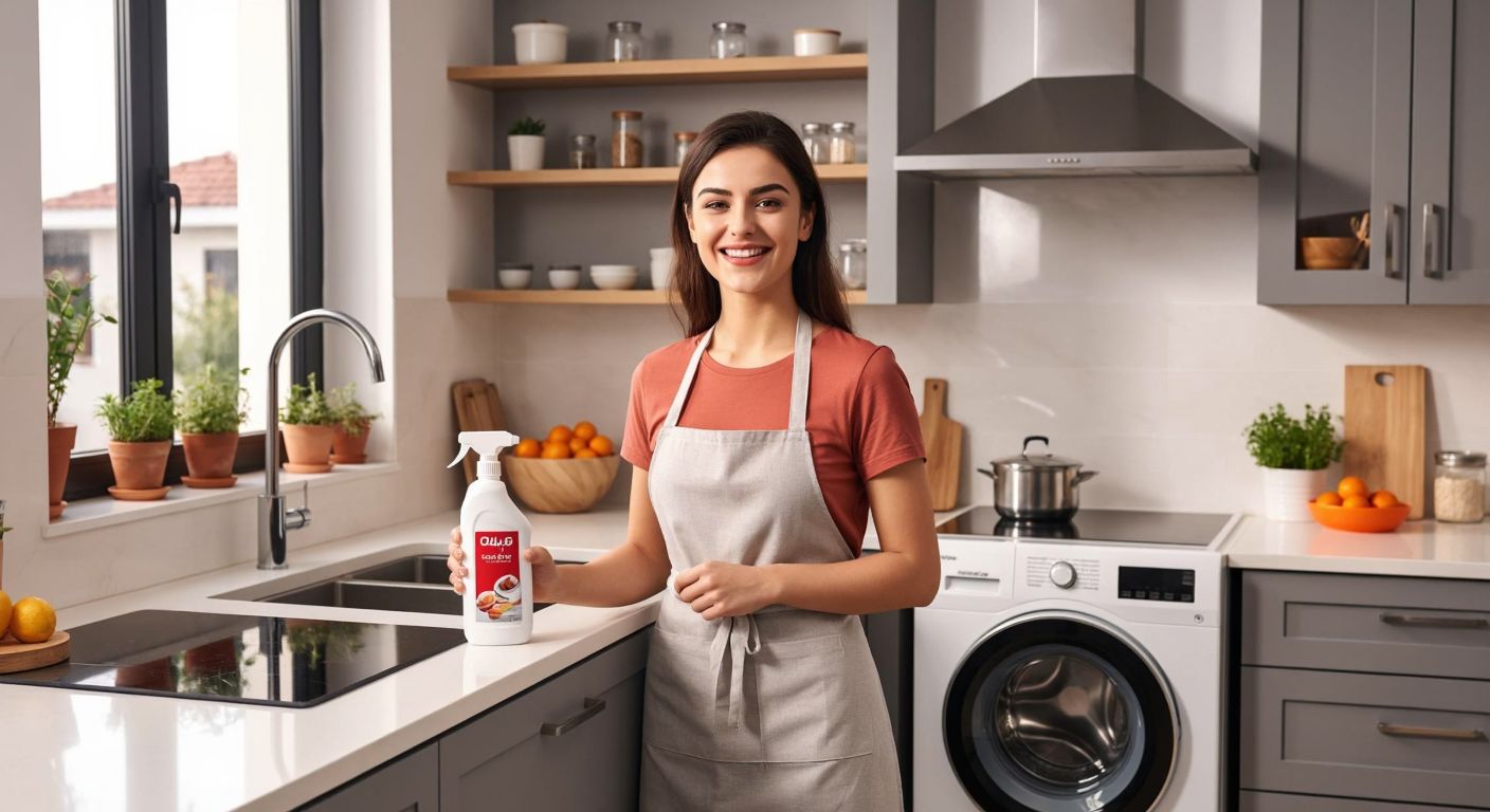 A bright, modern Turkish kitchen with gleaming countertops, where a smiling woman in an apron holds a bottle of Quick and Shine cleaner next to an Arçelik-branded washing machine.