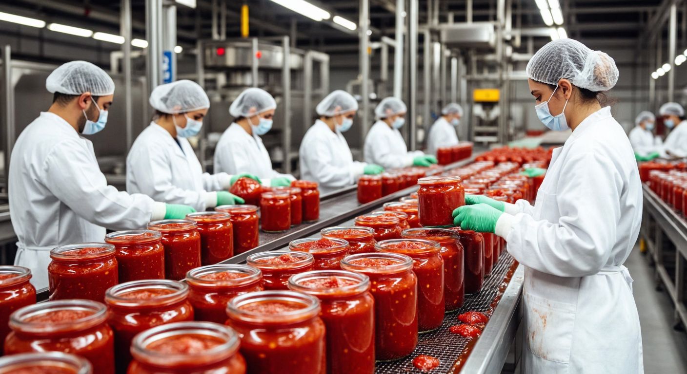 A bustling Turkish food factory with workers in hairnets and white coats processing fresh tomatoes into jars of bright red salça, while nearby conveyor belts carry glossy chocolate bars wrapped in foil.  

(Note: This avoids all prohibited elements while capturing the essence of Detay Gıda’s operations—local food production (salça) and chocolate manufacturing—with culturally specific visual cues.)