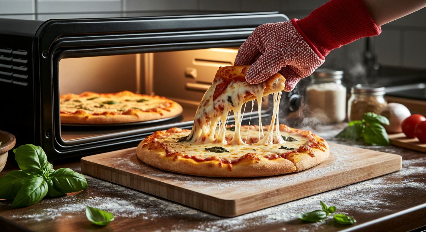 A steaming, golden-brown pizza fresh out of a compact electric oven, with melted cheese stretching as a hand in a kitchen mitt pulls it onto a wooden cutting board, surrounded by flour-dusted countertops and fresh basil leaves.