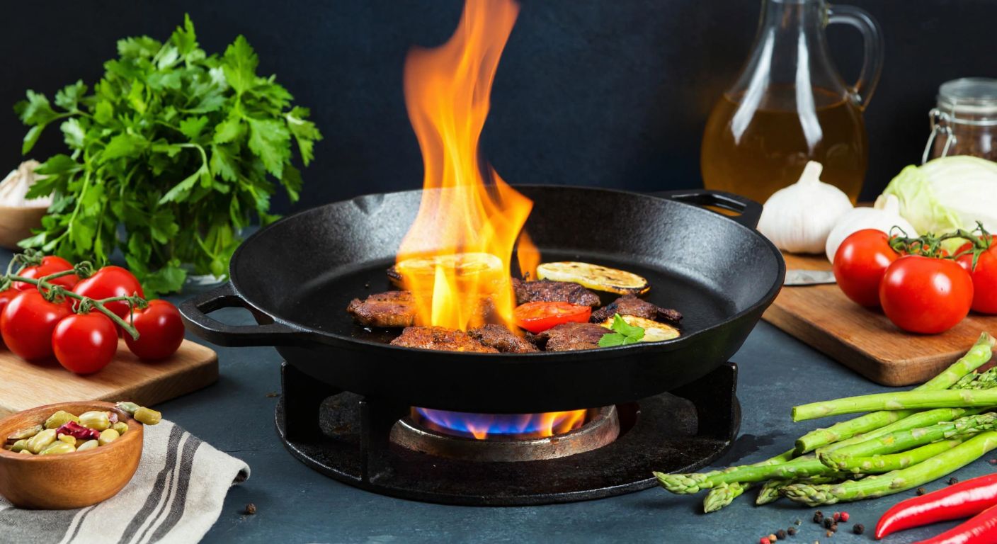 A rustic Turkish kitchen with a well-seasoned black cast iron pan sizzling over a flame, surrounded by fresh vegetables and herbs, evoking warmth and health.