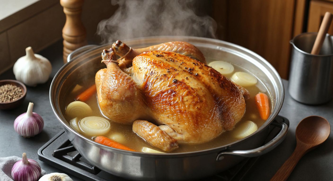 A golden-brown whole chicken simmering in a large pot with clear broth, surrounded by floating slices of onion, garlic, and carrot, with steam rising gently from the surface, set on a traditional Turkish kitchen counter with a wooden spoon nearby.