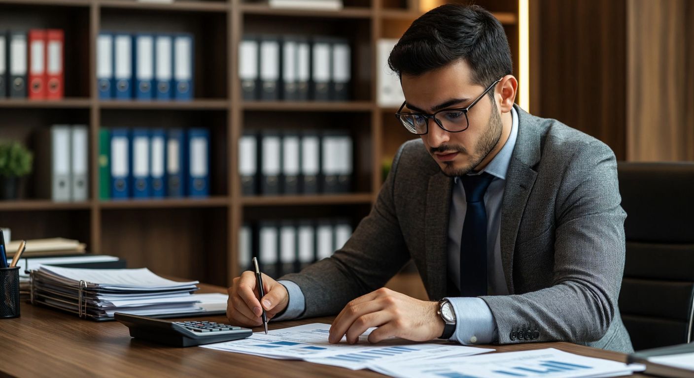 A focused Turkish accountant in a modern office, wearing glasses and a formal shirt, carefully reviewing financial documents with a calculator and ledger on a wooden desk, surrounded by shelves of organized files under warm lighting.