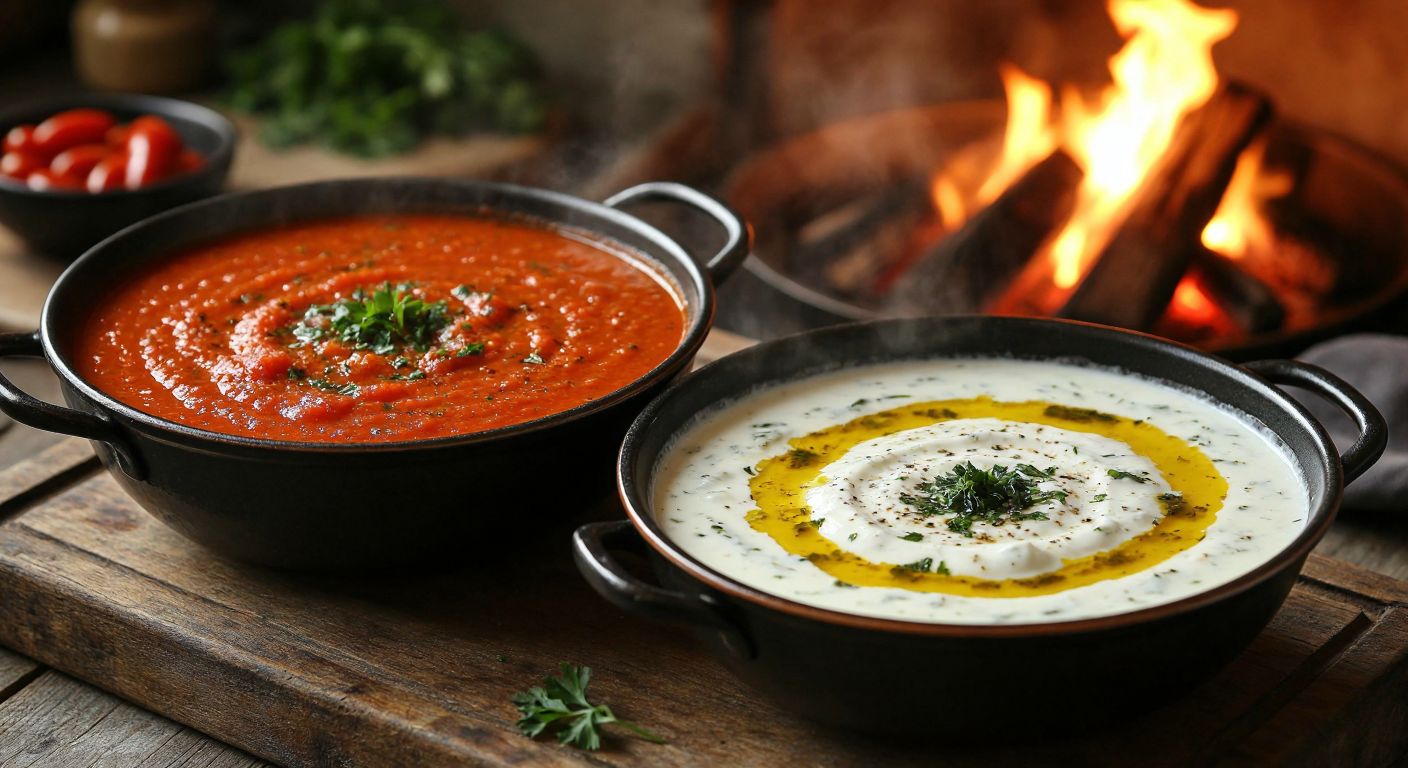 A steaming bowl of vibrant red tomato soup and a creamy white yogurt-based yayla çorbası sit side by side on a rustic wooden table in a cozy Turkish kitchen, with fresh herbs sprinkled on top and warm light casting a comforting glow.