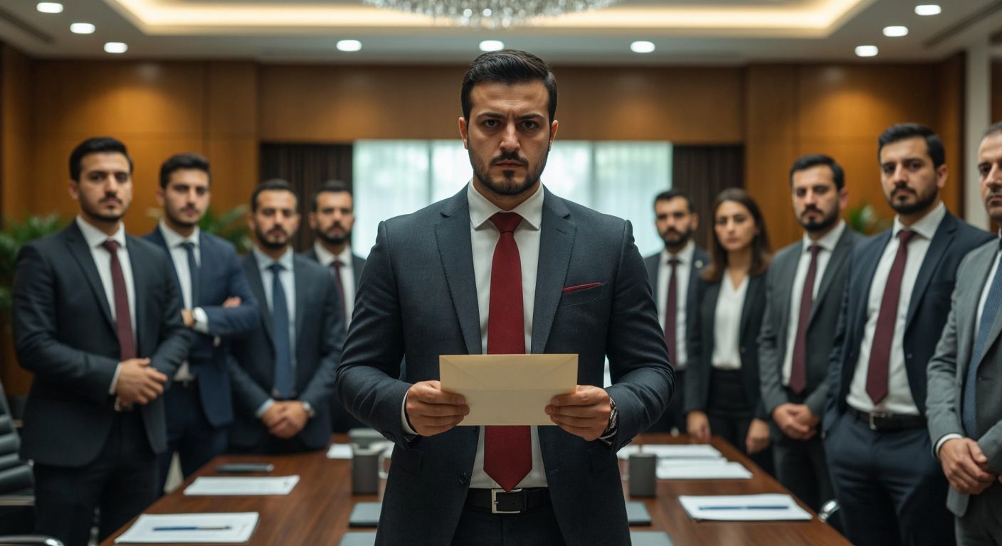A serious businessman in a formal suit stands in a modern Turkish government office, holding a sealed envelope while a group of suited professionals intently watch, their expressions focused and competitive.