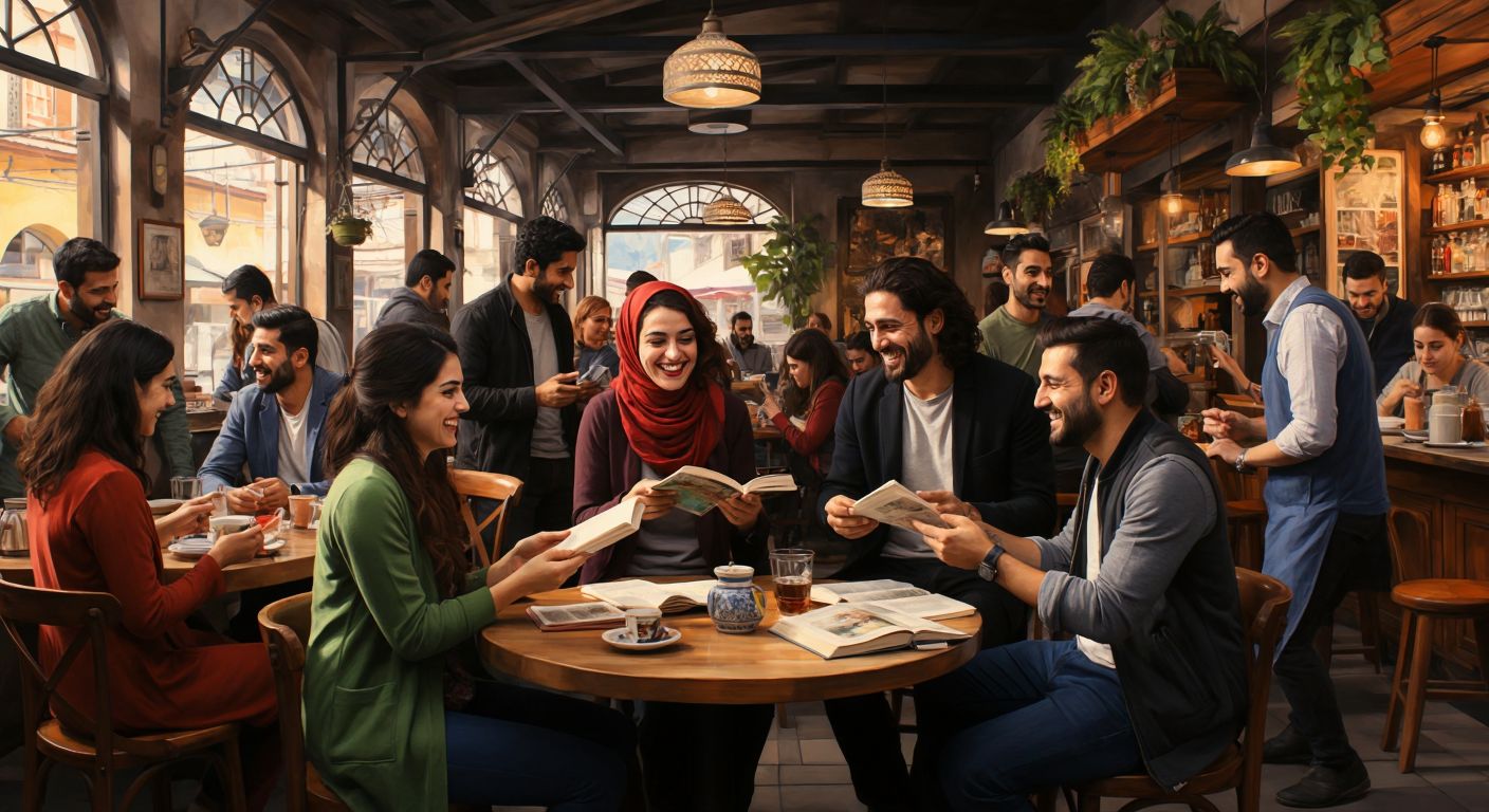 A diverse group of people in a lively Turkish café, smiling and exchanging items, books, and ideas, symbolizing various Telegram search groups.