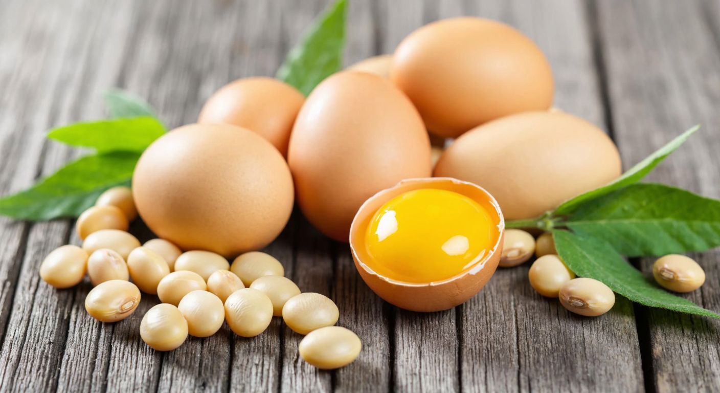 A close-up of golden-yellow egg yolks and fresh soybeans arranged on a rustic wooden table, symbolizing natural sources of lecithin.