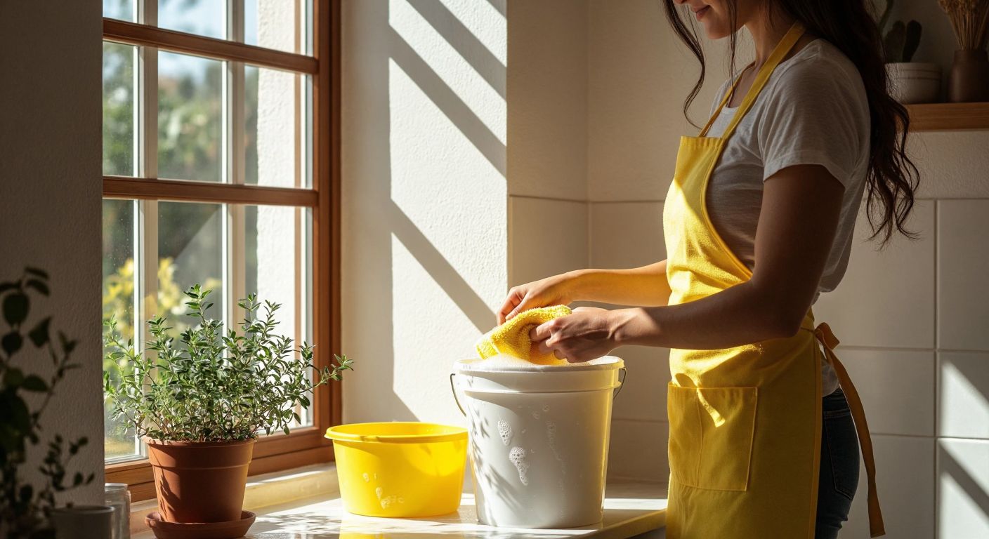 A person in a Turkish home wearing an apron, gently wiping a white-painted wall with a yellow microfiber cloth dipped in a small bucket of soapy water, while sunlight streams through a nearby window.