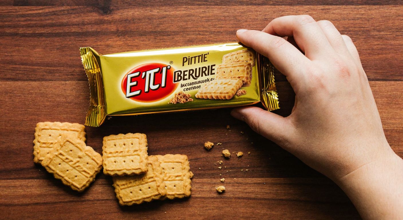 A hand holding a golden-wrapped Eti Petit Beurre biscuit packet against a warm wooden table, with a few scattered cocoa-dusted biscuits beside it, evoking a cozy Turkish tea-time moment.