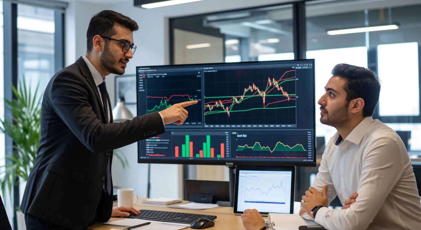 A confident Turkish financial analyst in a modern office points at two distinct, overlapping volatility graphs on a large monitor, one labeled with Bollinger Bands and the other unclear, while a curious colleague leans in with a puzzled expression.